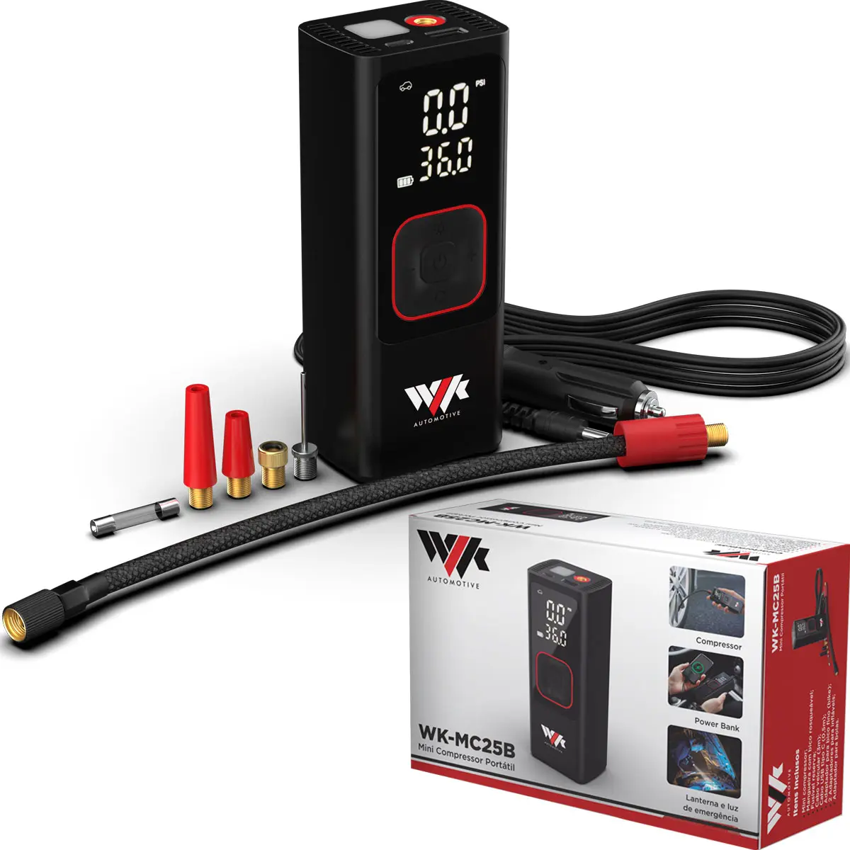 Mini Compressor de Ar Portátil Digital WLK Automotive 150 PSI Bateria Interna Preto