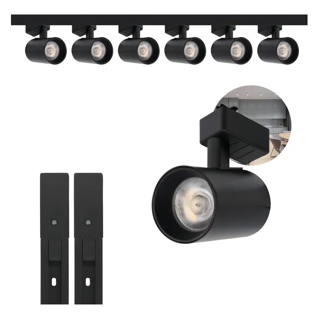 Kit Ry Trilho Eletrificado Preto 2m + 6 Spots Led Preto 10w Luz Frio 6.000 K 127/220v