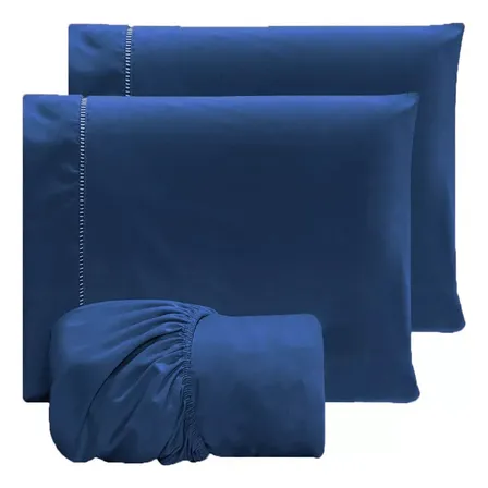 Jogo Lençol Casal 3pç 400 Fios Hipercal Conforto Macio Cor Azul-marinho Desenho do tecido Liso