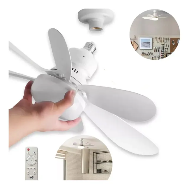 Lâmpada Ventilador De Teto E27 6 Hélices Controle Remoto Luz Branca Led Silencioso Econômica Camperluz 127/220v Branco