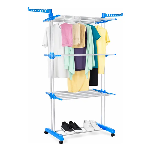 Varal De Apartamento Chão Aço Inox Resistente 3 Andares 2 Hastes Com 4 Rodas Dobrável Retrátil Multiuso Grande Super Prático Para Roupas Vertical Compacto Fácil Montagem Alta Capacidade Secagem Rápida