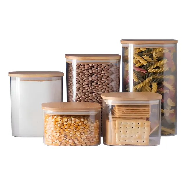 Kit 05 Potes Herméticos De Vidro Com Tampa De Bambu E Silicone Recipiente Armazenamento De Alimentos Jogo Porta Mantimentos Temperos Pote De Condimentos Organizador De Cozinha Multifuncional