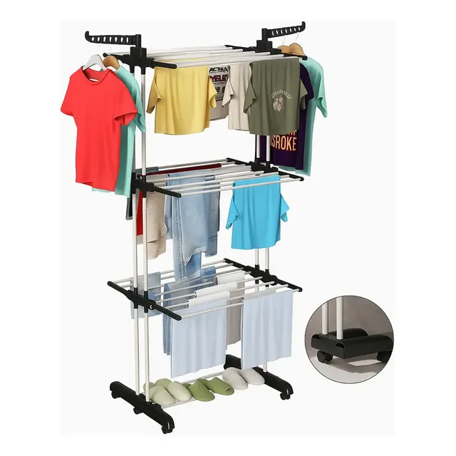 Varal De Chão Epsilon 3 Andares Dobrável Com Rodas Preto