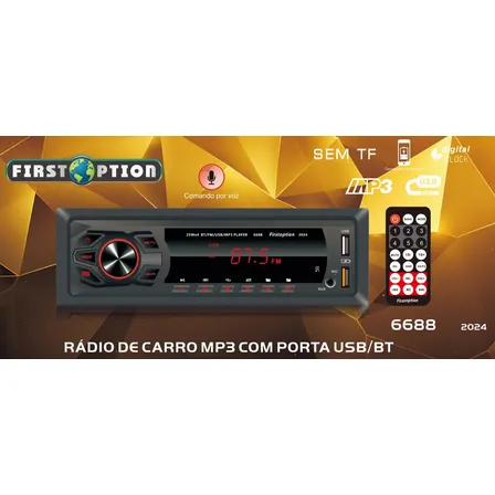 MP3 PLAYER FIRST OPTION 6688 2024 RADIO AUTOMOTIVO BLUETOOTH TOCA SOM CARRO 2 USB 1 DIN PENDRIVE