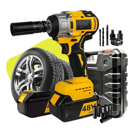 Chave De Impacto Profissional Led 2 Baterias 48v Com Maleta + 10 Acessórios 360nm 2300rpm Cor Amarela