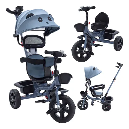 Triciclo Infantil Empurrador 2 Em 1 Carrinho De Passeio Assento 360º Graus Capota Solar Passeio Porta Objetos Cesto Pedal Cor Azul Menino