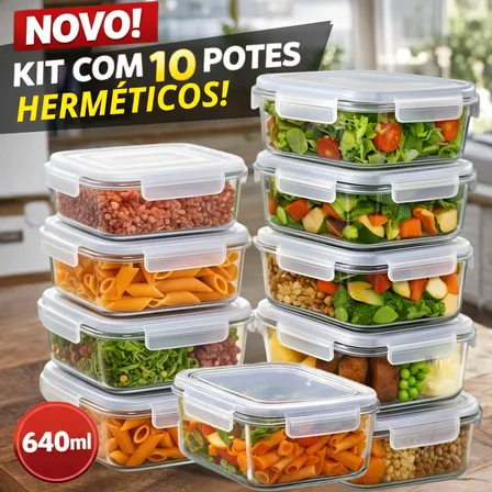 Pote De Vidro Marmita Kit com 10 Potes Hermético Tamanho Grande 640ml Vedação Total Potes Para Quentinha Marmita Fitness Vai a Forno Microondas e Freezer Marca MULLTX