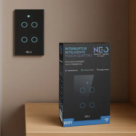 Interruptor Inteligente Smart Wifi Alexa Google 4 Botões Touch Preto Bivolt Neutro Paralelo Neo
