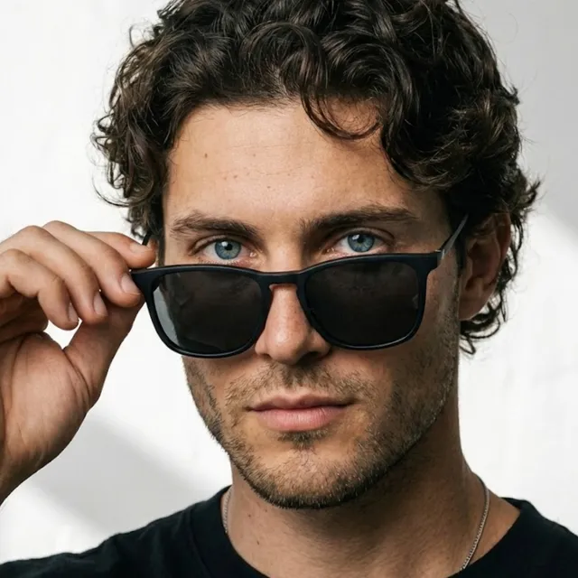 Óculos De Sol Quadrado Premium Acetato Metal Proteção Uv400 Cor Preto Armação Preto Haste Preto Lente Preto Desenho Preto Fosco