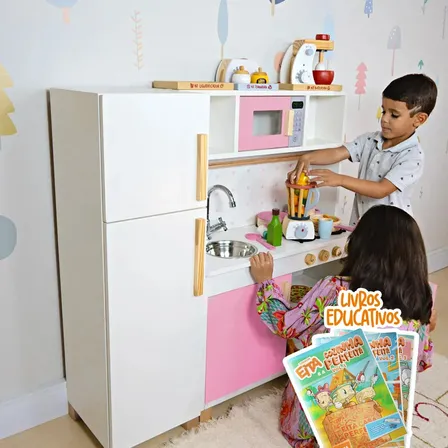 Kit Educativo Cozinha Infantil Com Geladeira Para Criança Em Mdf Cor Rosa