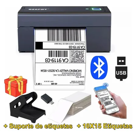 Impressora Térmica Bluetooth USB 110mm Código De Barras E Etiquetas + Suporte + Etiqueta Adesivas 10 X 15 CM Portátil Logística Impressora Etiquetas De Envios ML Full 127/220V Android iOS Windows MAC