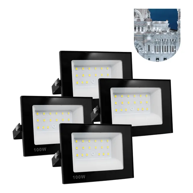 Kit 4 Refletor Led 100w Holofote RY Slim Prova Dágua Frio Carcaça Preto Luz Branco Frio