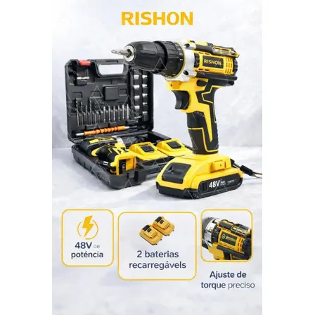 Furadeira Parafusadeira Com 2 Baterias Recarregáveis Maleta Mandril 10mm Torque 32n.m 0-400/0-1350 Rpm Velocidade Variável Reversível Kit Brocas Bits Soquetes Carregador Bivolt Rishon
