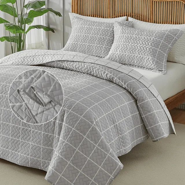 Kit Colcha Casal 3 Peças Itália 150 Fios Grid Dupla Face Cor Cinza Listras