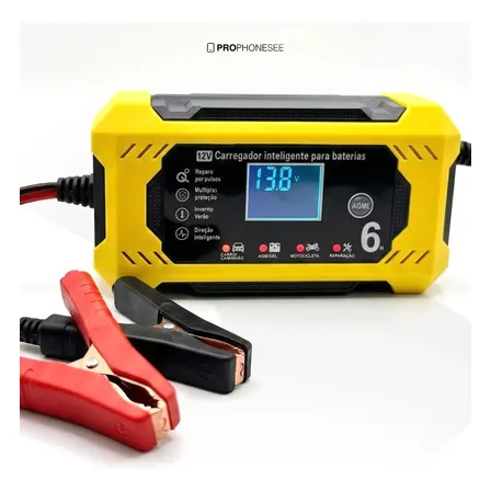 Carregador De Bateria 12V Automotiva Inteligente Portátil Auxiliar Partida Veicular Chupeta Rapida Carro Moto Lancha Jetski Caminhao Cabo 2m Eletrico Estacionaria Potente Led Recupera Carga Emergencia