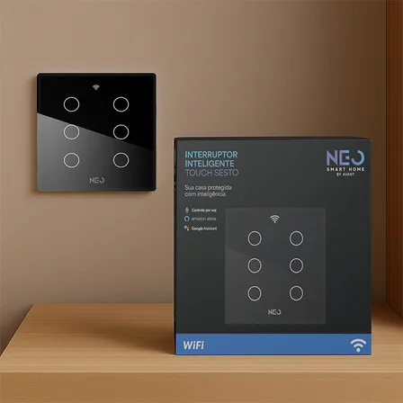 Interruptor Smart Wifi Alexa Google 6 Botões Touch Preto Bivolt Neutro Paralelo Neo Preto C/6