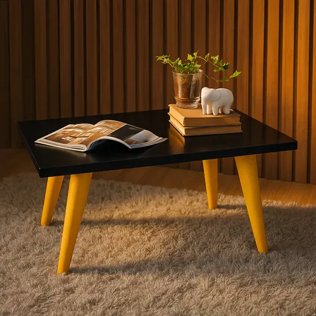 Mesa De Centro Retangular Sala Moderna Pés Pvc Design Retrô Cor Preto