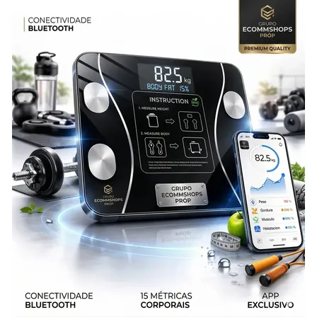 Balança Digital Bioimpedância Bluetooth Corporal Aparelho Alta Capacidade App para Android e para IOS Cor Preto Balança De Banheiro Academia Fitness