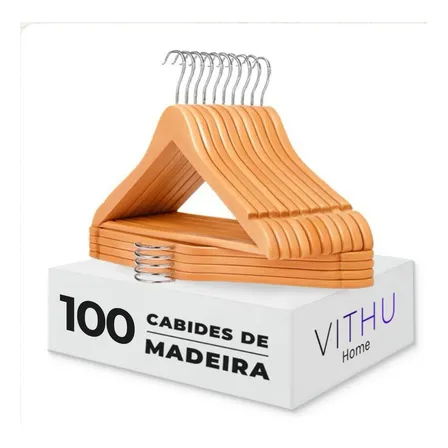 Kit 100 Cabides Madeira Vithu Com Gancho Giratório 360 Marfim Antiderrapante
