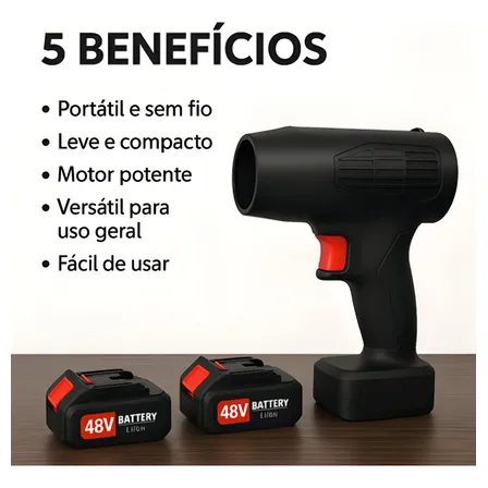 Soprador De Ar Folhas Pó Elétrico 2 Baterias Recarregável Turbo Sem Fio 48 Volts
