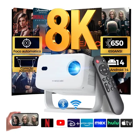 Projetor Magcubic L018 Led 650ansi 1080P Full Hd 8k Android 14 Hdmi Usb Smart Wi-fi6 Bluetooth 5.2 Cinema Home Com Controle Remoto por Voz Com Diversos Dispositivos trapezoidal de Foco automático
