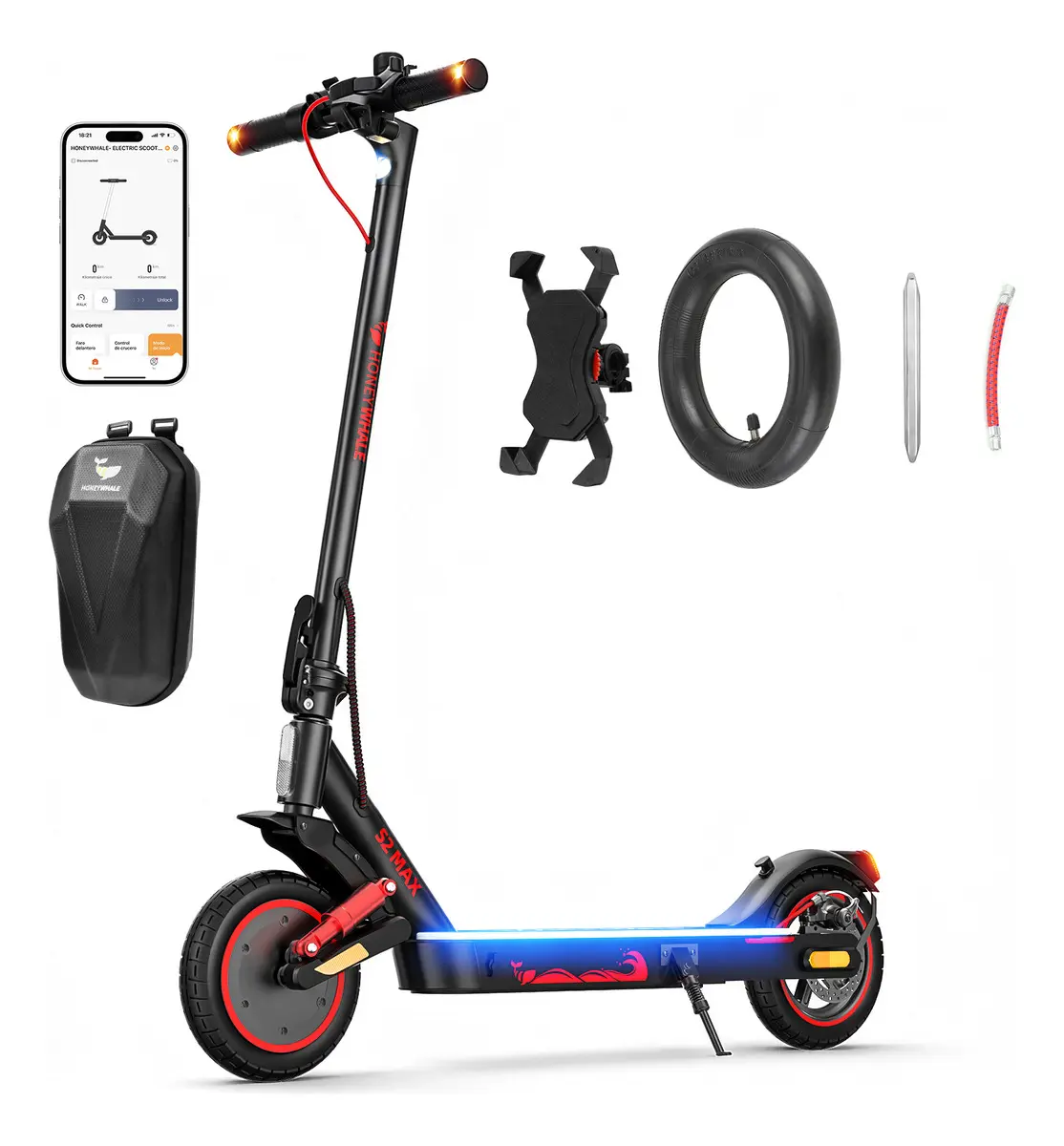 HONEYWHALE S2 MAX Patinete Elétrico Adulto, 500W-32km/h-22km-120kg, Velocidade-Juvenil-Dobrável-Autonomia-Carga, Scooter Elétrica com Suspensão Dianteira, Suporte para celular, Câmara de ar e bolsa
