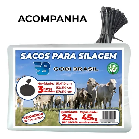 500un Saco Para Silagem 52x110 200micras + 500 Abraçadeiras Cor Branco
