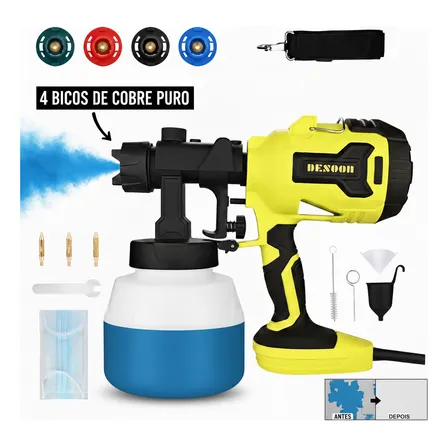 Pistola De Pintura Elétrica 600w Real Desoon Motor De Cobre 4 Bicos De Cobre Profissional Alta Performance Pulverizador Para Pintar Parede Madeira Portão Verniz Pintura Rápida 220V