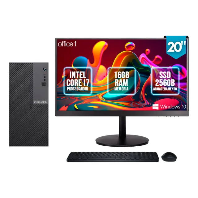 Computador Completo Intel Core i7, 16GB RAM, SSD 256GB, Monitor LED 20", Windows 10 Pro, Preto, Bivolt - BluePC Office1 CDBP-OFF1-127