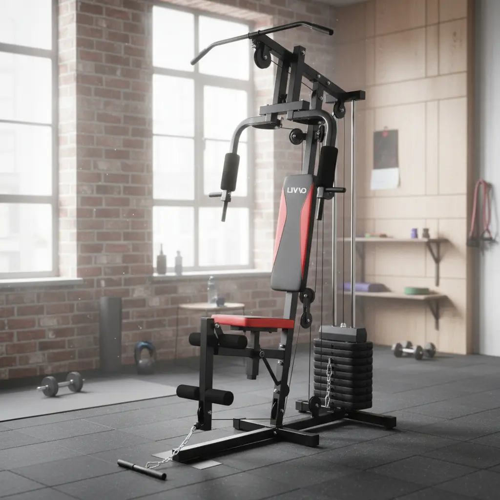 Estação de Musculação LIVVO LV-EM459 45kg Compacta para 9 Exercícios cor preto e Vermelho