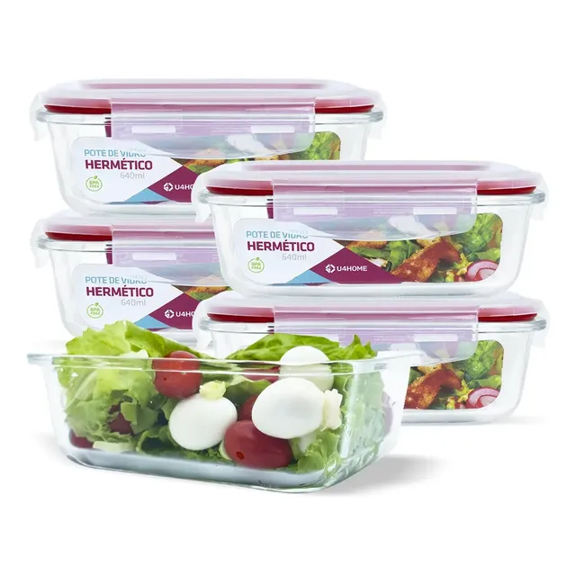 Conjunto 5 Pote Vidro Hermético Marmita Tampa Plástico 640ml Cor Vermelho (qh)