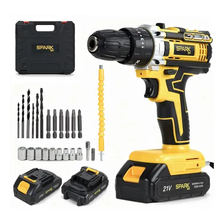 Parafusadeira Furadeira Sparkbr 2 Baterias 21v + Maleta Com Acessórios Kit Completo Led Eixo Flexível 2 Níveis Velocidade Torque