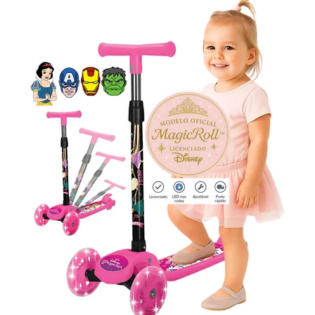 Patinete Infantil de 3 Rodas c/ LED Princesas, para Crianças de 2 a 5 Anos