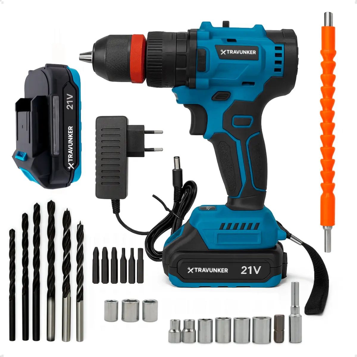 Parafusadeira Furadeira Sem Fio 2 Baterias 21v Kit Com Maleta De Transporte Portátil - Motor Brushless - Com 25 Acessórios Inclusos - Travunker
