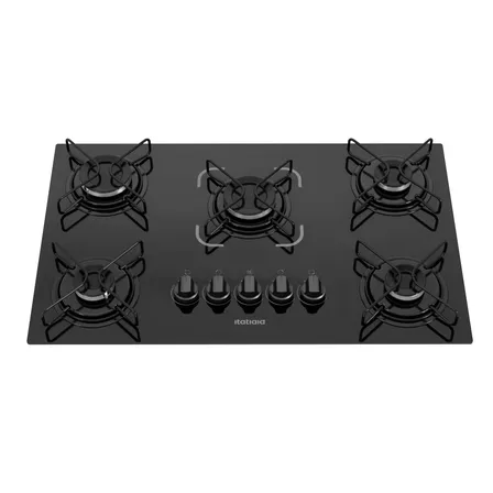 Cooktop Essencial Itatiaia 5 Bocas Com Mesa De Vidro Temperado Preto, Acendimento Automático E Trempe De Ferro Fundido Gás Glp Conversível Para Gn