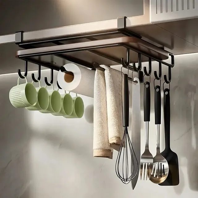 Suporte Organizador de Cozinha Suspenso para Armário Aço Inoxidável Preto Via Flix E160 Não Enferruja Multiuso Prateleira Encaixe Sem Furo Porta Xícaras Utensílios de Cozinha Banheiro Quarto Alta Qual