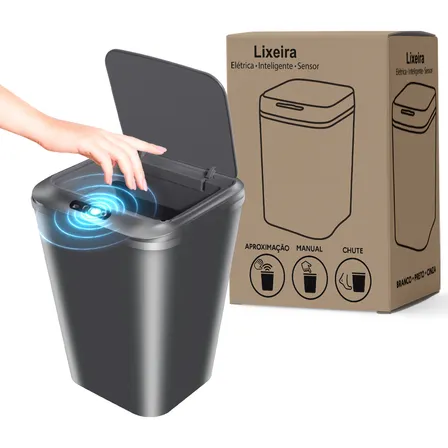 Lixeira Inteligente Sensor Automático 16l Cinza Smart Recarregável Para Banheiro E Cozinha