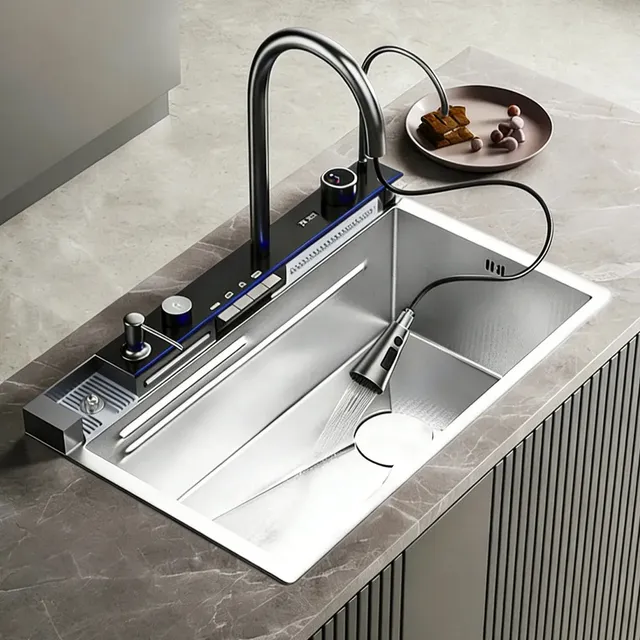 Pia de Cozinha Gourmet Retangular de Inox 304 com Torneira Digital e LED 80x45cm