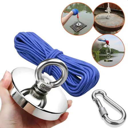 Ímã Neodímio Pesca Magnética 200KG Tração Com Corda 20m e Mosquetão