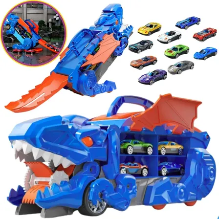 Caminhão Cegonha Dino Porta 8 Carrinhos Maleta Pista Lançador Compatível Com Hotwheels Atacarejo Kids Dino Truck