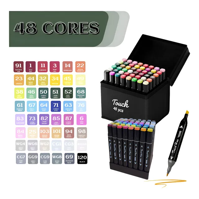 Conjunto 48 Cores Canetas Marcador Ponta Dupla Permanente Preto