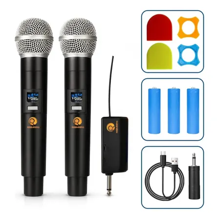 Kit 2 Microfones Sem Fio Dinâmico Duplo Recarregável Profissional Uhf Led Karaokê Palestras Shows Igrejas Apresentações Bar Cancelamento De Ruído Anti-larsen Bateria Cardioide Palco Reuniões Risemberg