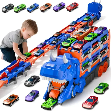 Caminhao Dinossauro Com 6 Carrinhos E Pista Brinquedo Menino Artezenato