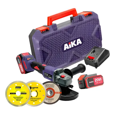Esmerilhadeira Angular Sem Fio Aika 20V 115mm 9500RPM com 2 Baterias