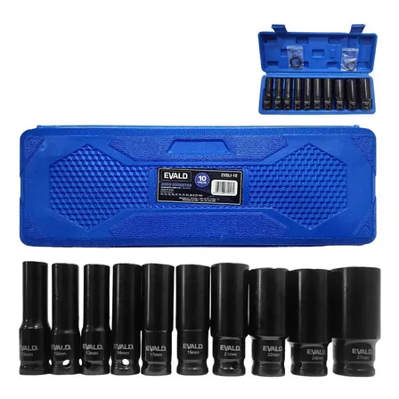 Soquetes Impacto Longo 1/2 Pol 10 A 27 Mm Kit 10 Peças Evald