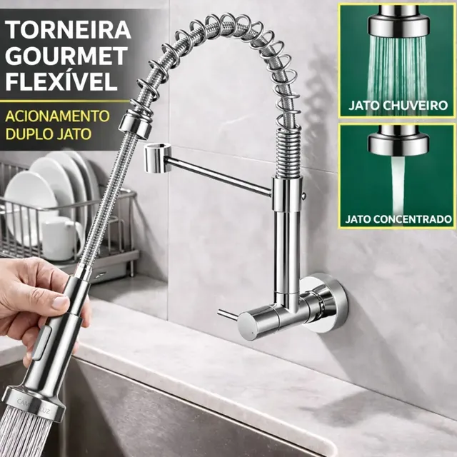 Torneira Monocomando Cozinha Aço Bica Gourmet Parede Flexivel Pia Linha Alto Padrão Cor Prateada - Marca Camperluz Instalação Na Parede