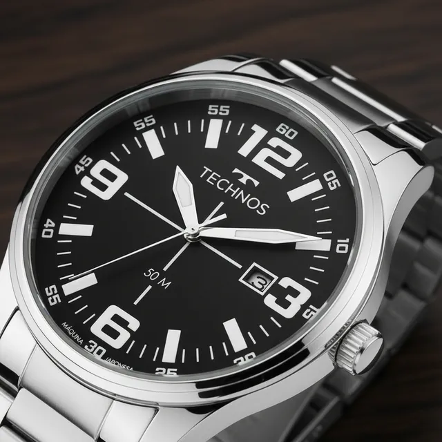 Relógio Technos Militar Masculino Prata Fundo Preto Quartzo Aço Inoxidável
