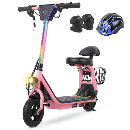 HONEYWHALE JL006 Patinete Elétrico Infantil, 300W-18KM/H-10KM-80KG, Velocidade-Juvenil-Autonomia-de-Bluetooth-Carge, Três velocidades, Scooter com Banco e Cesto, 8" Pneus Sólidos, Honey Whale Rosa