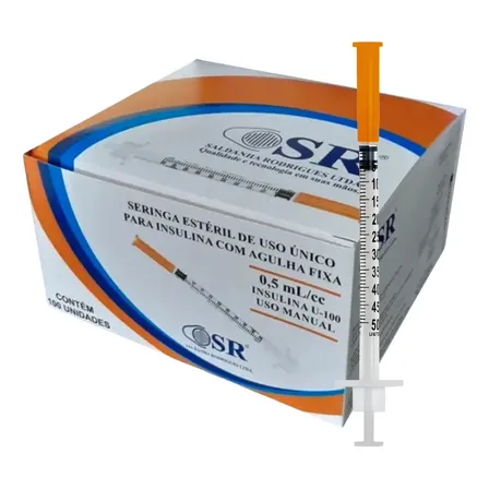 Seringa Insulina 0,5ml 6x0,25mm Agulha Fixa C/100 Und 0.5 Ml