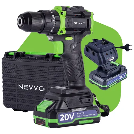 Furadeira Parafusadeira De Impacto Brushless 20v 3/8 1800rpm 75nm 20 Níveis Torque C/ 3 Funções + 2 Velocidades Nevvo Preto/verde